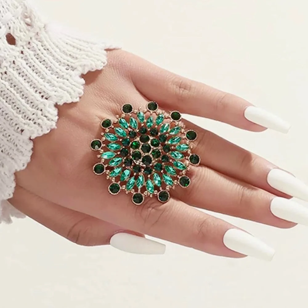 Rhinestone Flower Fashion Ring Green ~ New
